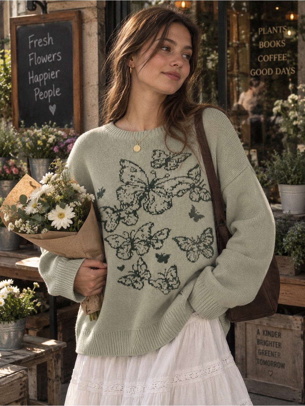 ROMWE Womens Sage Green Butterfly Sweater Oversized Fairycore Whimsigoth Cottage